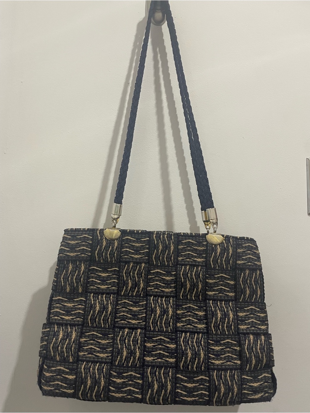 Vintage Woven Basket Bag Handbag - Made in Italy - Navy Grey Tan